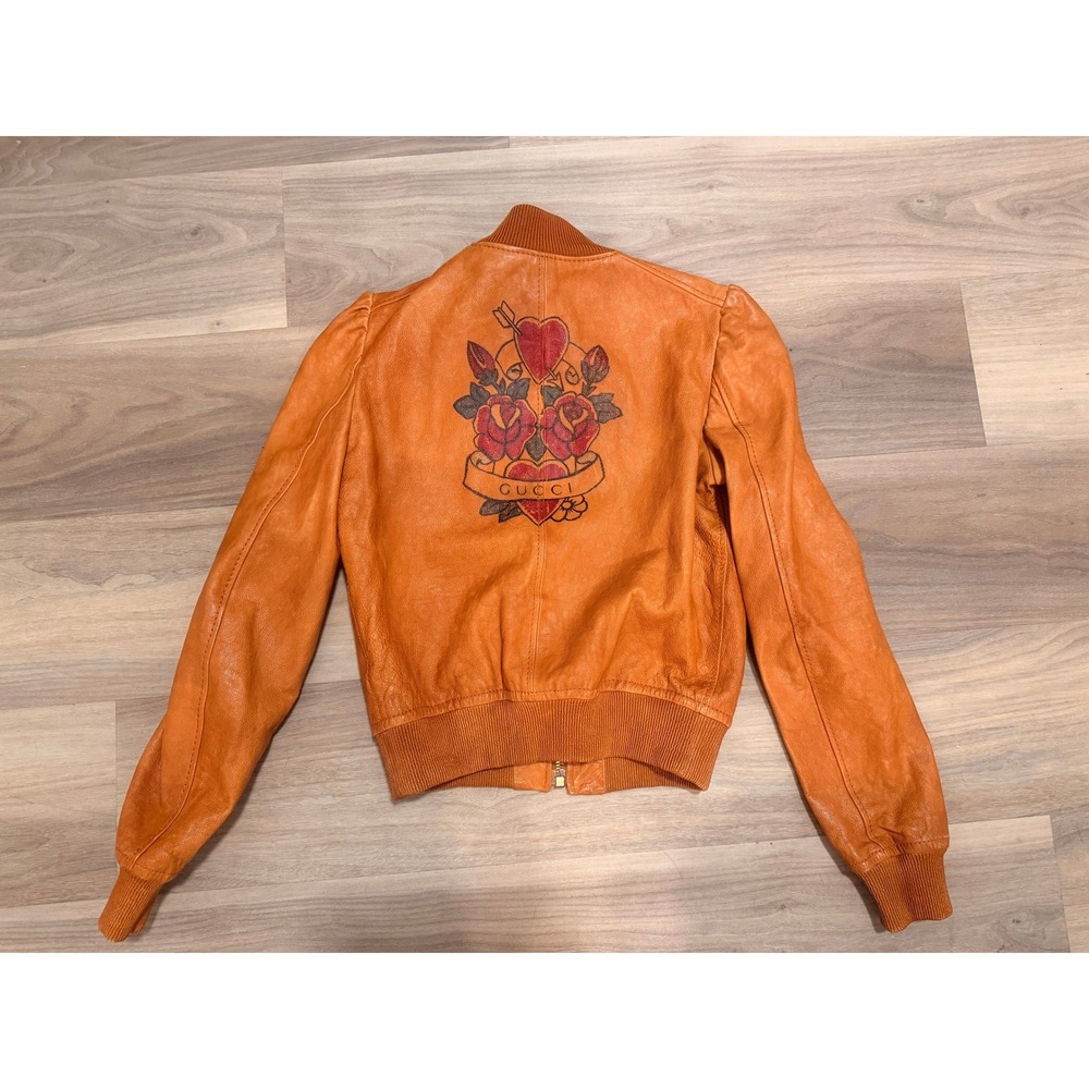 Vintage Gucci Leather Bomber Jacket Tattoo Rose Heart Star Studs XS/S Made Italy